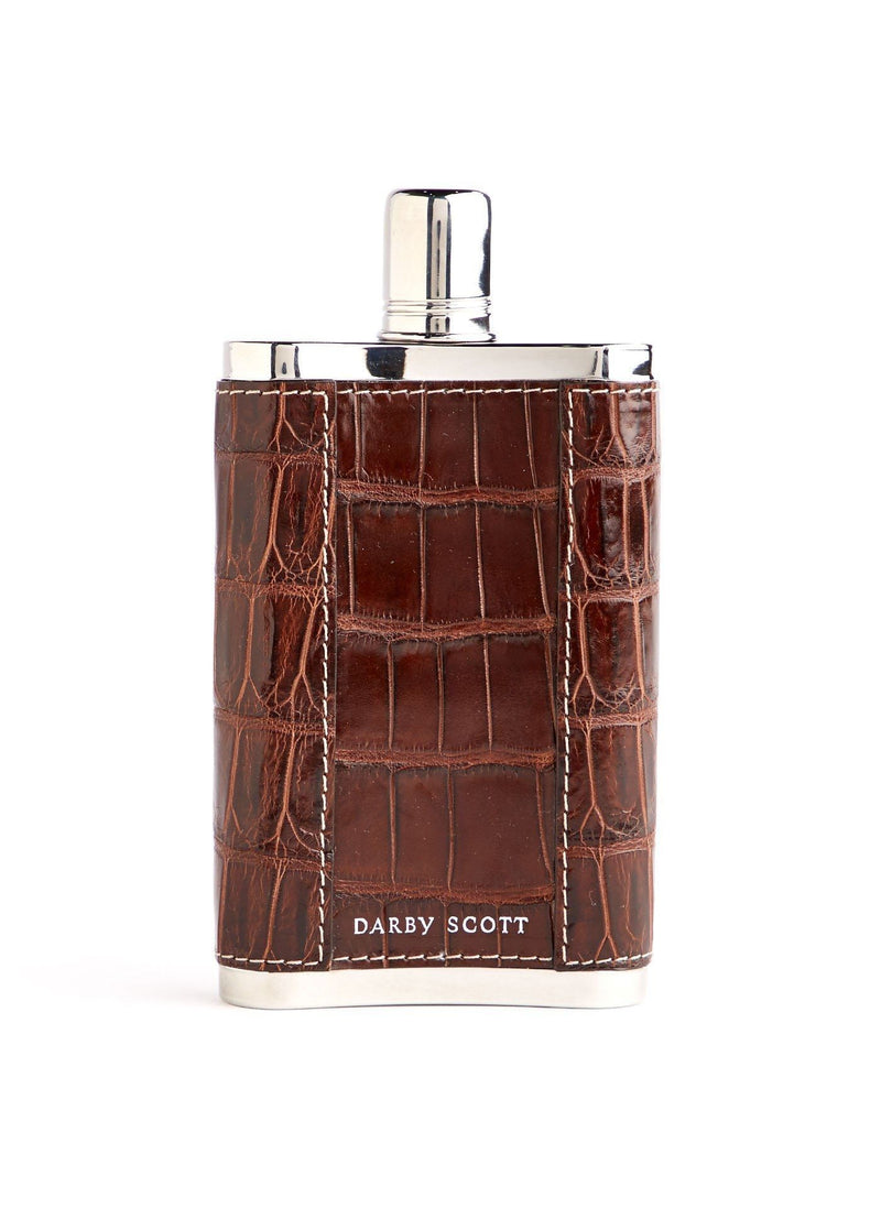 Back view of brown crocodile covered stainless steel flask - Darby Scott 