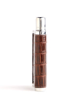 Side view of brown crocodile covered stainless steel flask - Darby Scott 