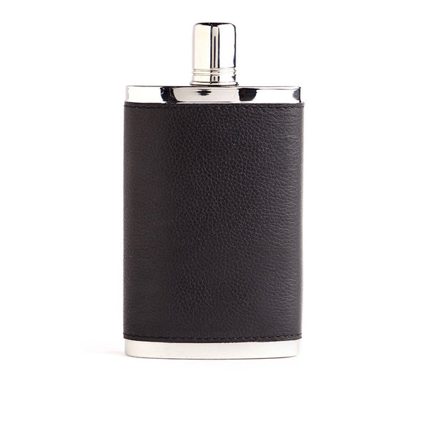 Black Leather Covered Stainless Steel 9 oz. Hip Flask - Darby Scott