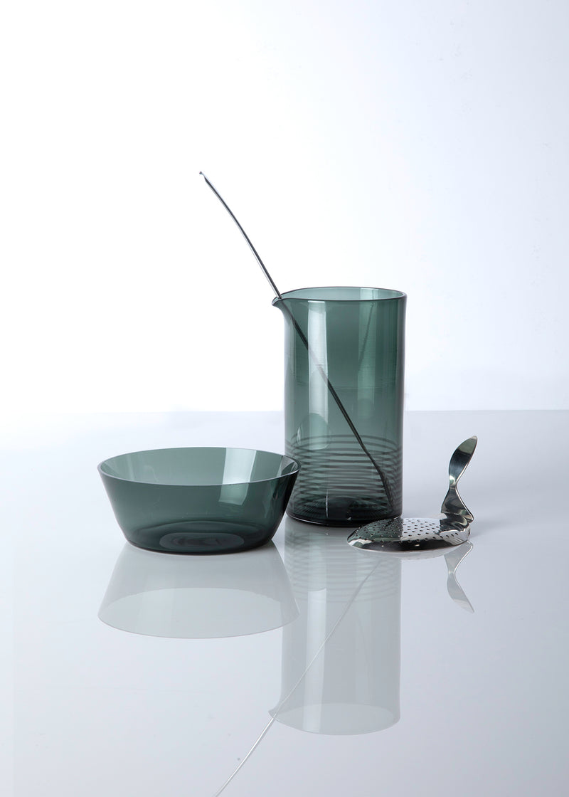 Dark Green Mixing Glass, Bowl, Long Spoon and Strainer