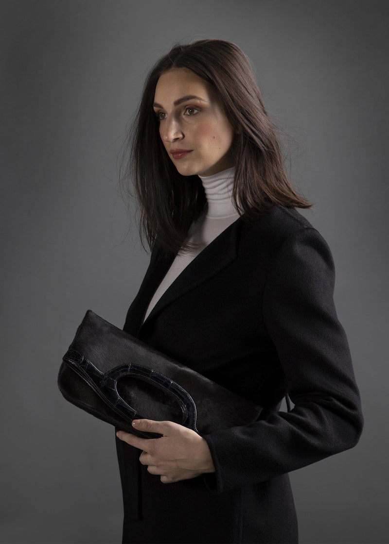 Model with Black Haircalf Convertible Fold over Clutch - Darby Scott 