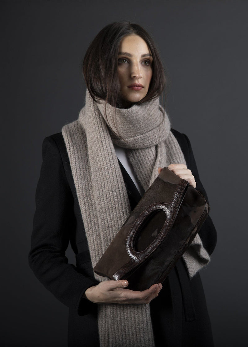 Model with brown Haircalf Convertible Fold over Clutch - Darby Scott 