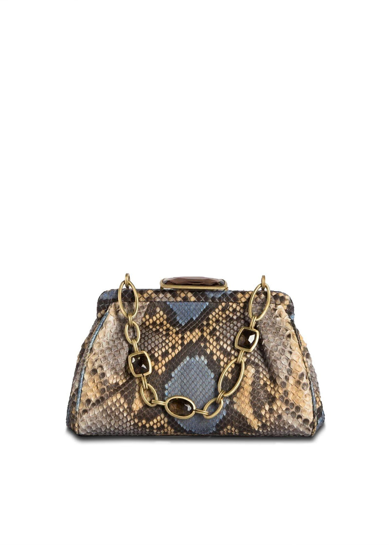 Blue & Tan Chain & Jewel Mini Handbag, Front View - Darby Scott
