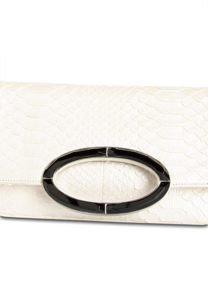 Close up view Black Onyx handle on pearl colored fold over clutch - Darby Scott 