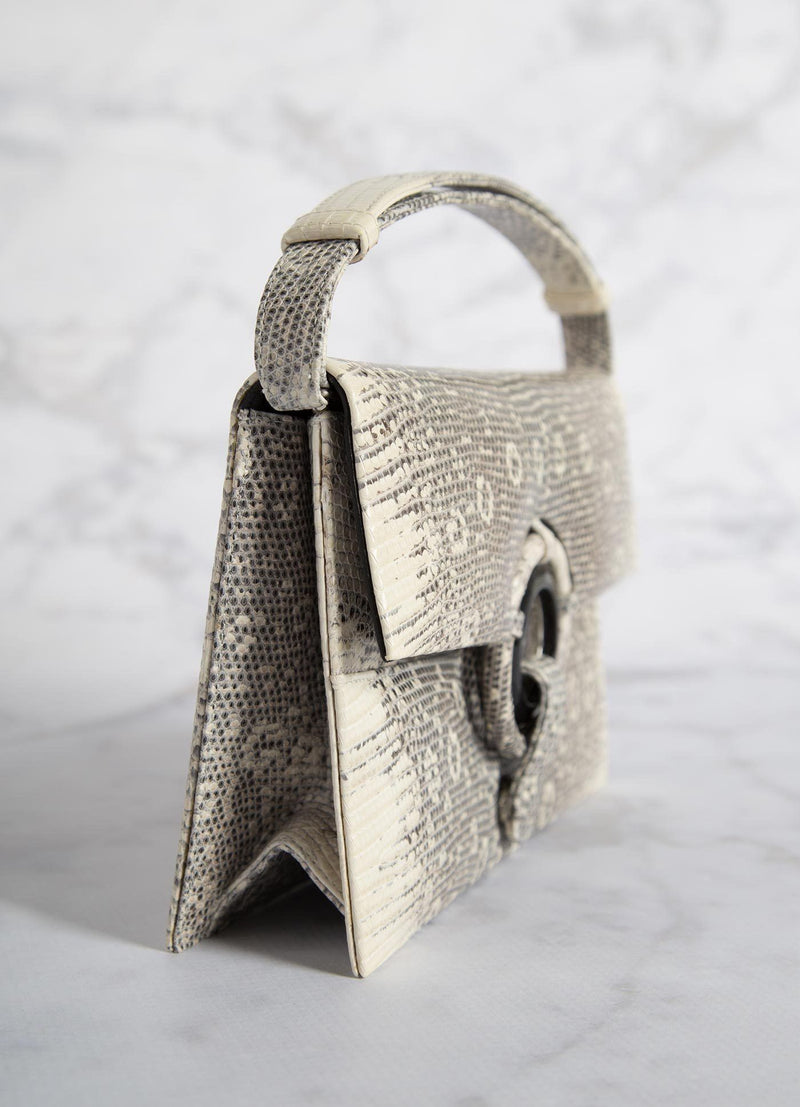 Side view of black & white ring Lizard Grommet Handbag - Darby Scott 