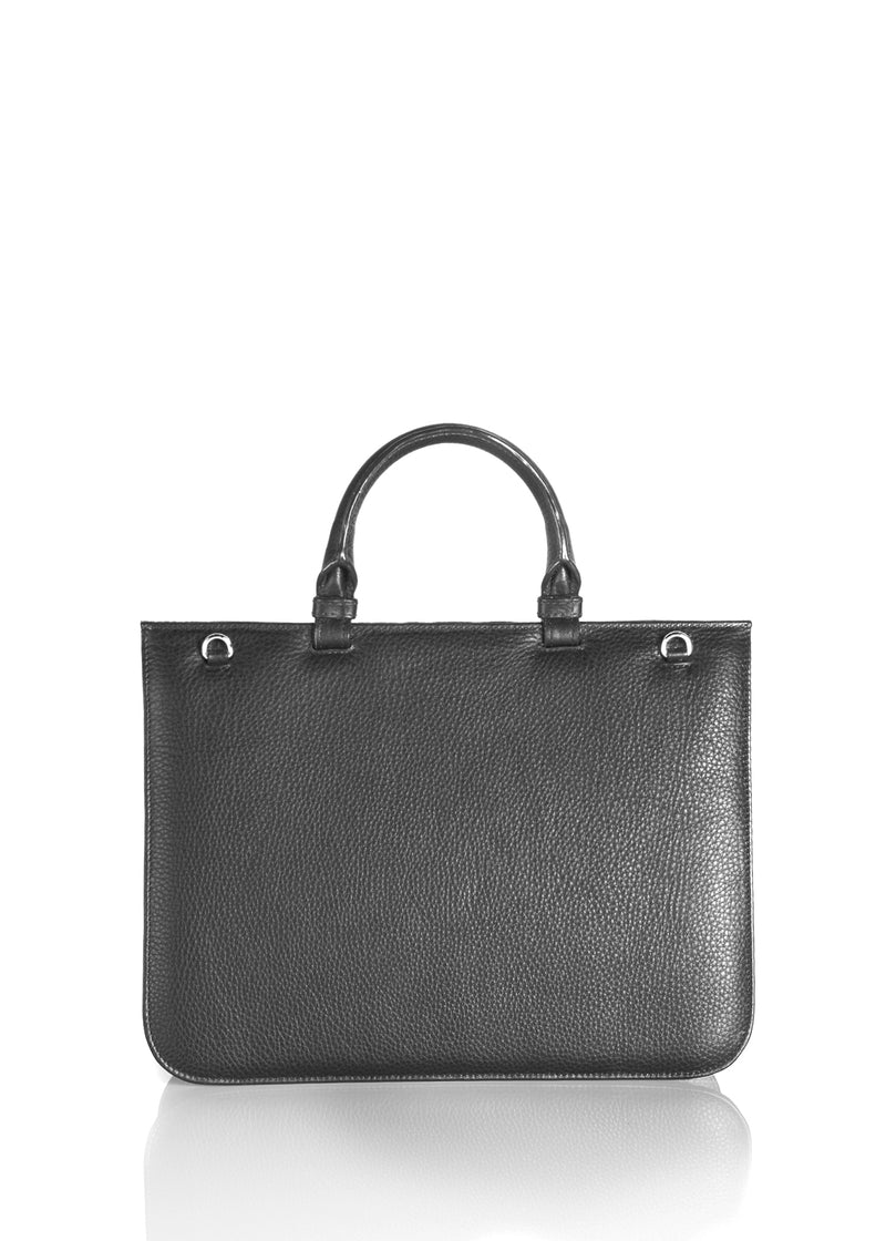 Back panel on black leather top handle grommet saddle bag - Darby Scott
