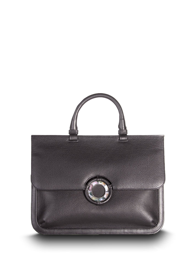 Brown leather top handle saddle bag with multi-color jasper grommet - Darby Scott 