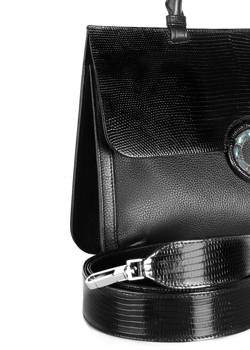 Black lizard & leather crossbody strap and detail front of saddle bag - Darby Scott