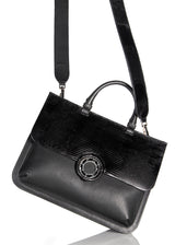 View of Top Handle & Crossbody Strap on Black Leather & Lizard Saddle Bag- Darby Scott
