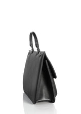 Side gusset of black leather & lizard top handle grommet saddle bag - Darby Scott