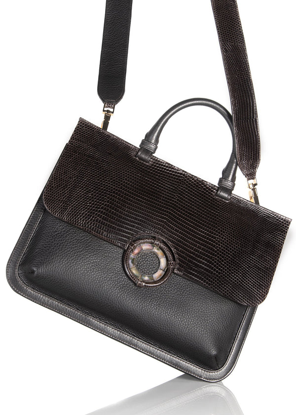 Brown Leather & Lizard Saddle with crossbody strap - Darby Scott