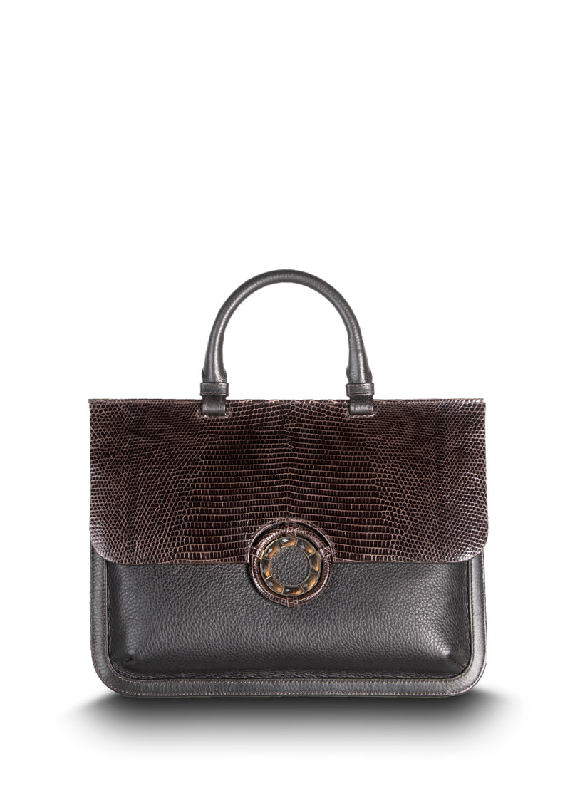 Brown Leather and Lizard Saddle Bag with Smokey Topaz Gemstone Grommet Closure - Darby Scott