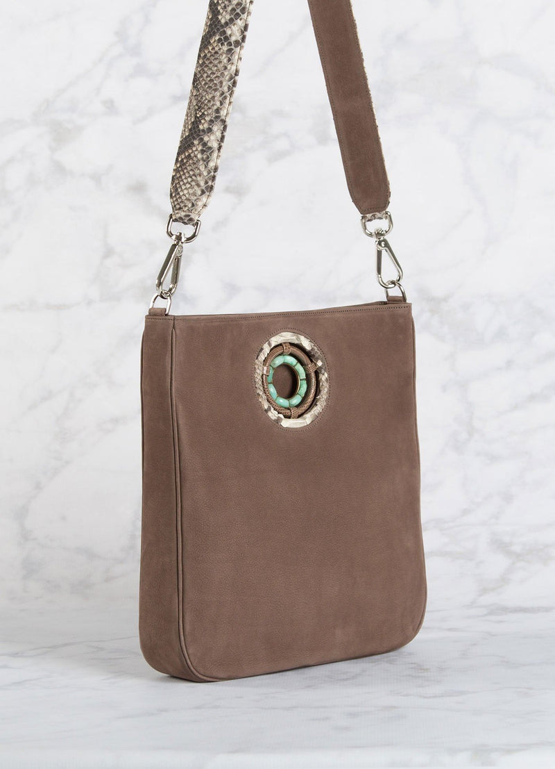 Light brown suede crossbody tote with natural python strap and trim - Darby Scott