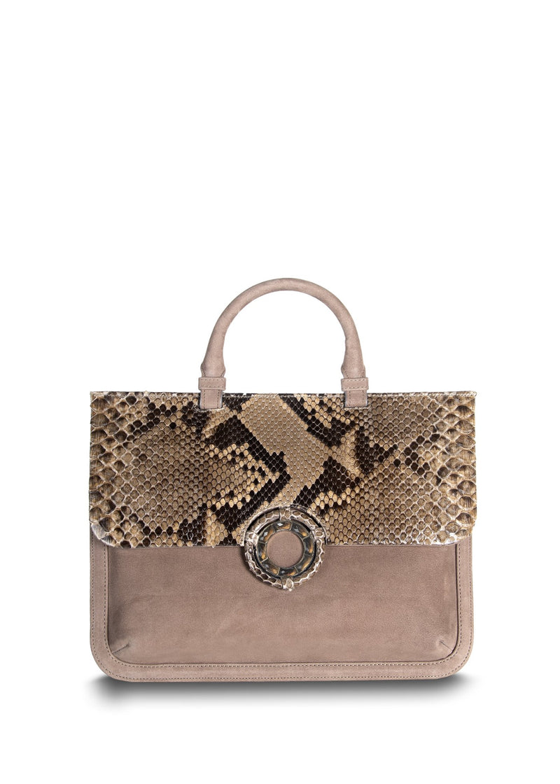 Light Brown Suede with Python Accents Top-Handle Saddle Bag - Darby Scott
