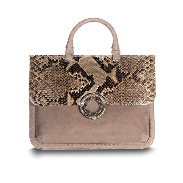Brown Python & Suede Jeweled Handbag, Sydney Convertible Satchel with Smokey Topaz Gemstones - Darby Scott