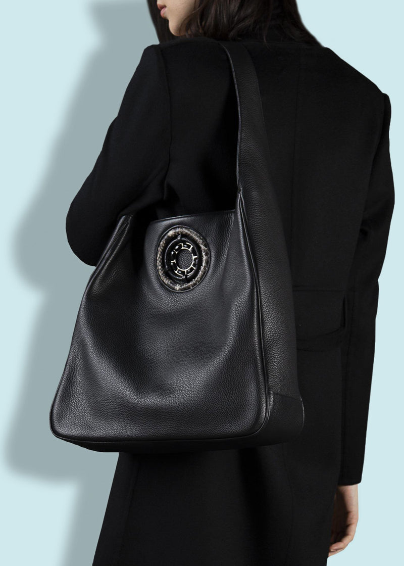 Model with Black Leather Paige Hobo with Black Onyx Grommet - Darby Scott