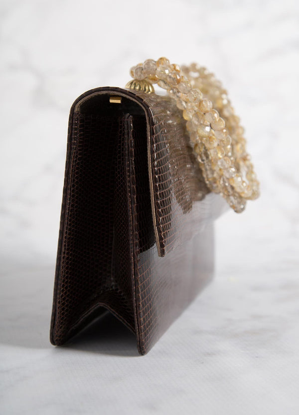 Side view of Brown Lizard and Quartz Necklace Handbag - Darby Scott