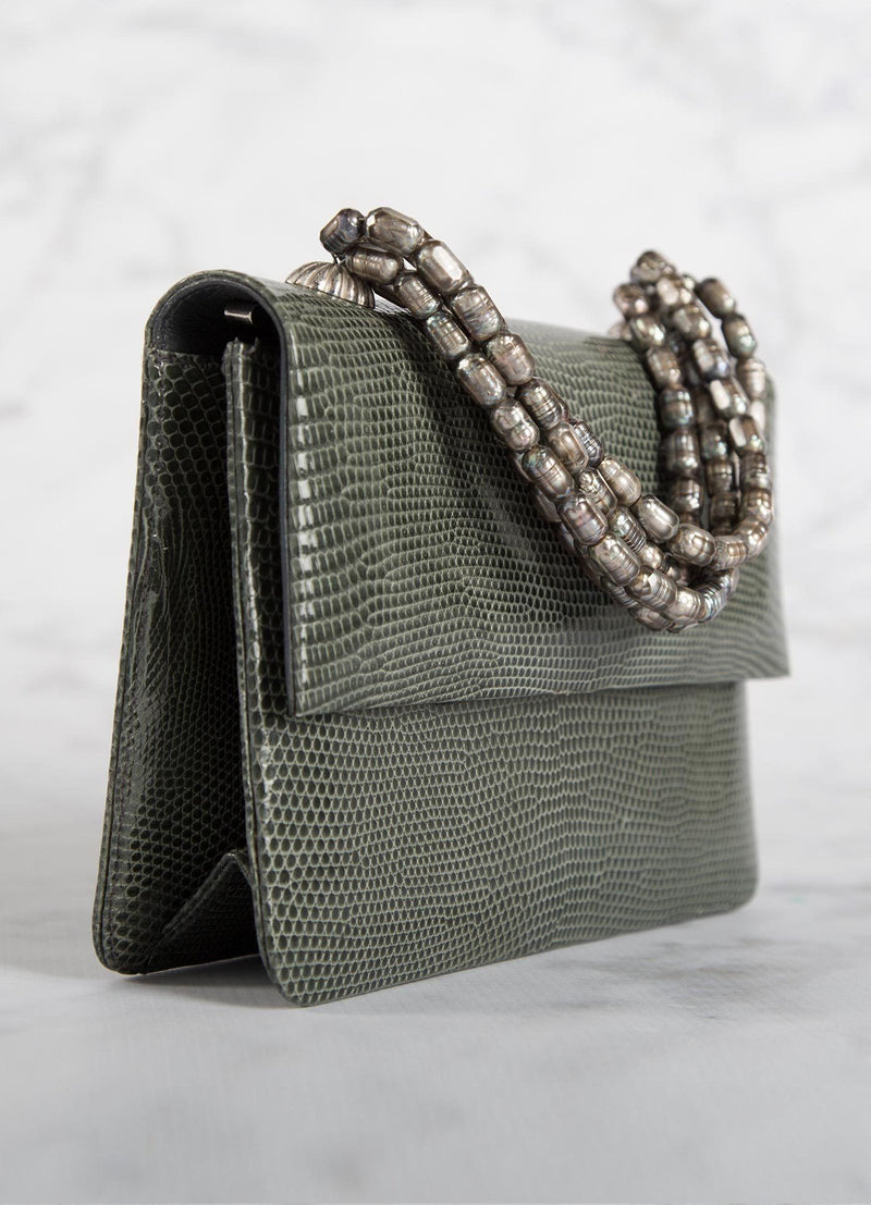 Side view of Grey Lizard and Mother of Pearl Necklace Mini Handbag - Darby Scott