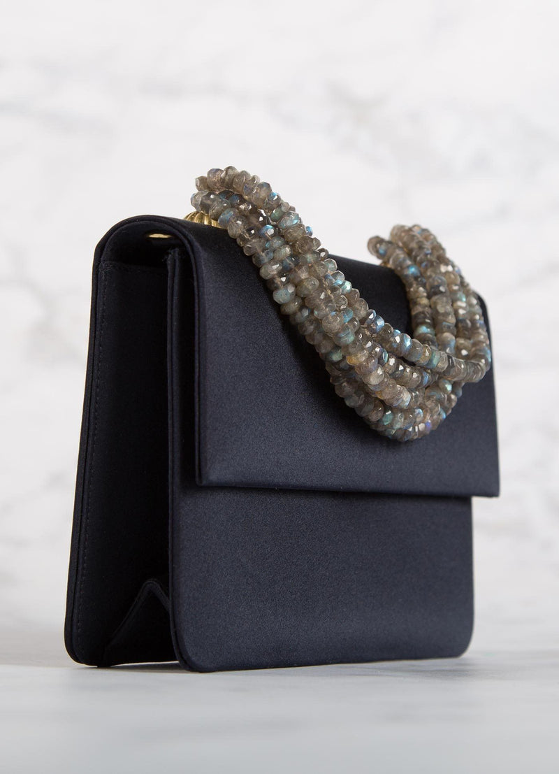 Side view of Navy Silk and Labradorite Necklace Handbag mini - Darby Scott