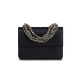 Navy Silk Mini Iconic Jeweled Handbag with Labradorite Multi-Strand Necklace Handle - Darby Scott