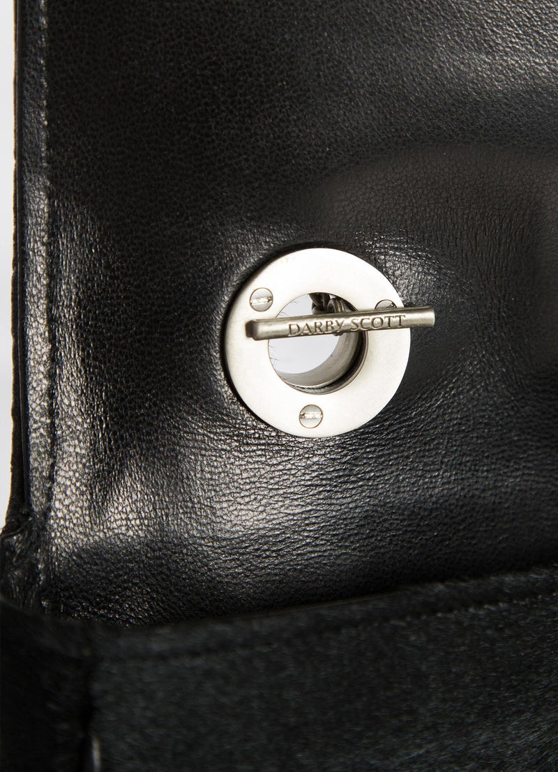 Interior view of handle toggle on black Chain & Jewel Shoulder Bag - Darby Scott