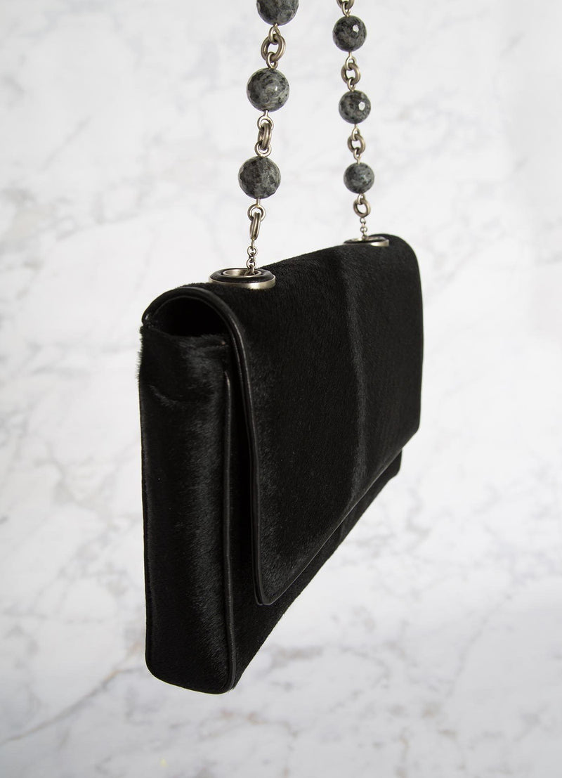 Black Haircalf Shoulder Bag with Linked Agate Bead Handle side view - Darby Scott