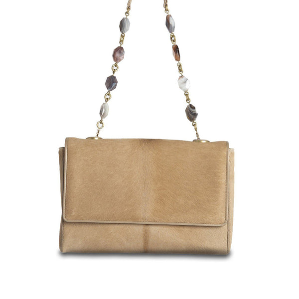 Tan Haircalf Chain & Jewel Shoulder Bag, front view - Darby Scott