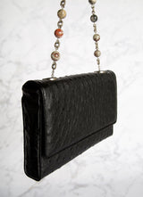 Black Ostrich Shoulder Bag jasper bead handle, side view - Darby Scott
