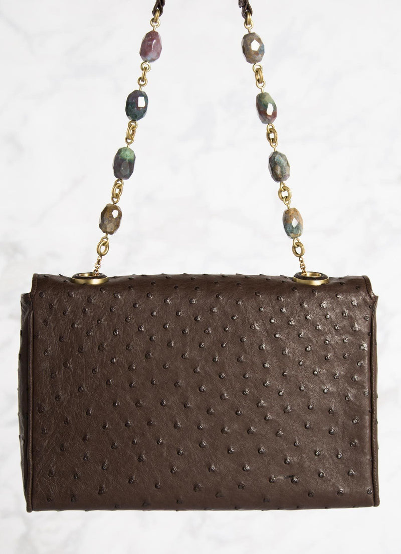 Brown Ostrich Shoulder Bag with Linked Jasper Bead Handle, Back View - Darby Scott