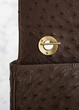 Interior view of handle toggle on brown ostrich Chain & Jewel Shoulder Bag - Darby Scott