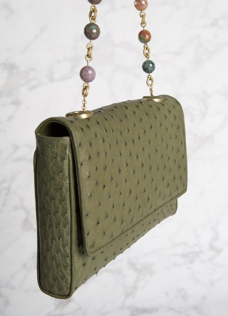 Olive Shoulder Bag with linked jasper bead handle, side view - Darby Scott