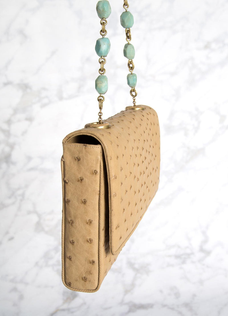 Tan Ostrich  Shoulder Bag with linked amazonite beads and leather, side view - Darby Scott