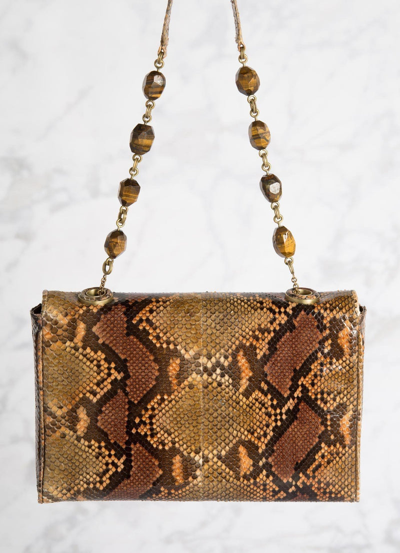 Cognac Shoulder Bag with Tiger Eye Bead Handle, back view - Darby Scott