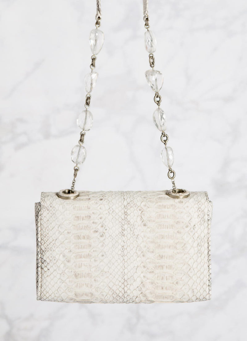 White Shoulder Bag with linked quartz bead handle, back view - Darby Scott 