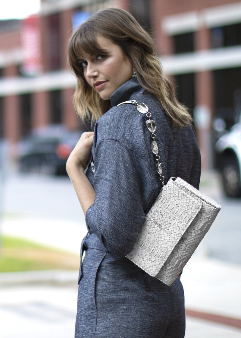 White-Grey Chain & Jewel mini Shoulder Bag on Model - Darby Scott 