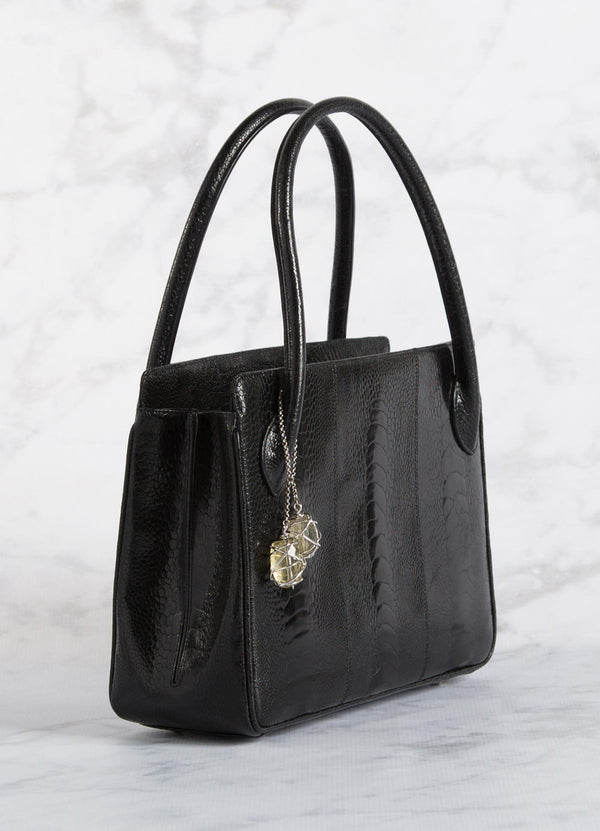 Black Ostrich Leg Blair Open Tote with Silver Accents side view - Darby Scott
