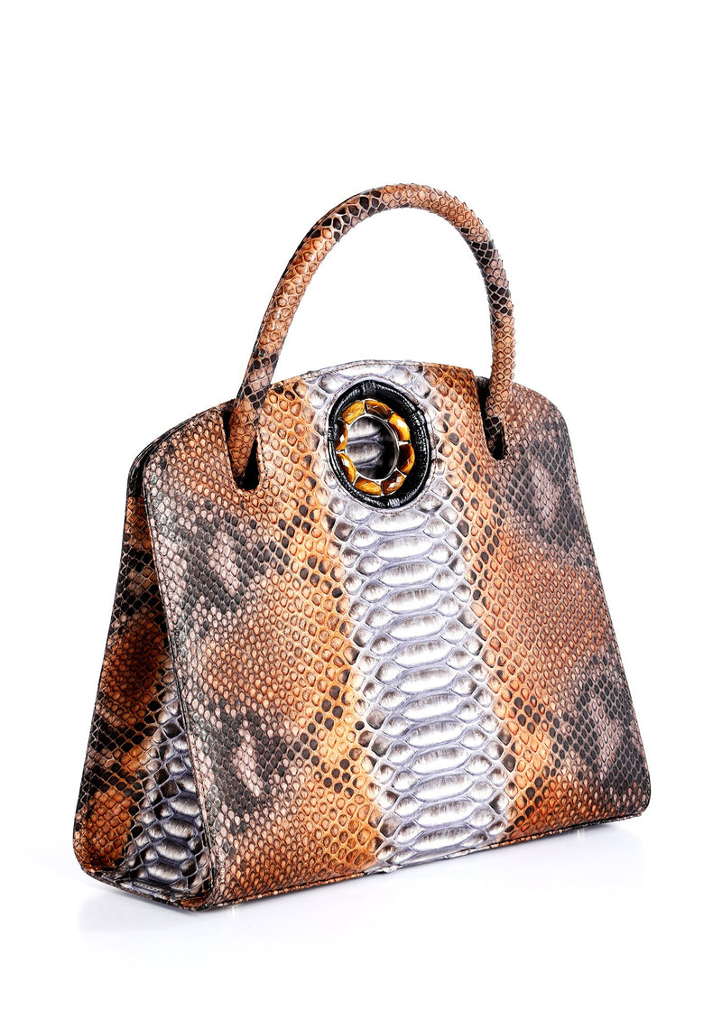 Side Gusset on Brown Python Annette Top Handle Tote - Darby Scott 