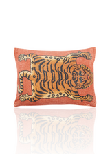 Velvet Pillow with Tibetan Tiger on Orange Background