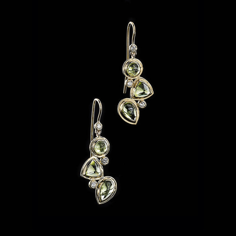 Peridot & Diamond 18K Yellow Gold 3 Stone Mosaic Earrings - Darby Scott 