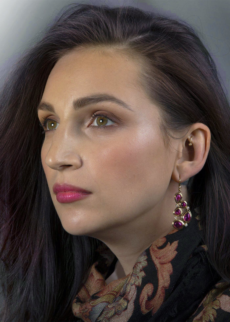 Model in 5 Stone Pink Tourmaline and Diamond Mosaic Earrings - Darby Scott