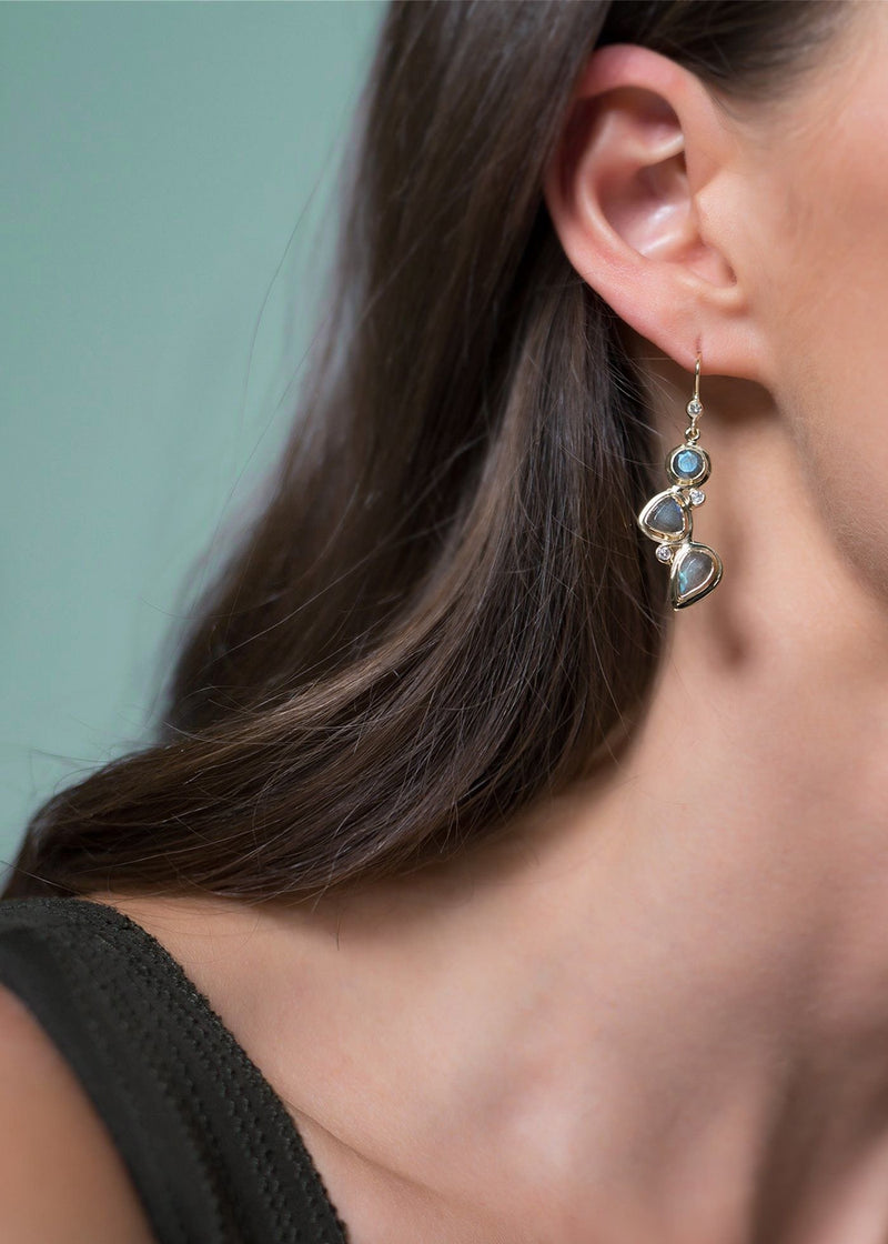 Model wearing Labradorite & diamond 3 stone sterling earrings - Darby Scott