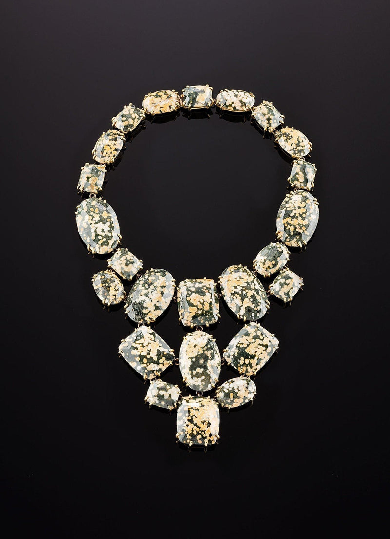 Flat view leopard jasper bib necklace with hidden clasp - Darby Scott