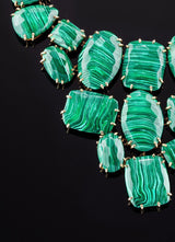 Close up of Malachite Cabochons prong set in Bib Necklace- Darby Scott