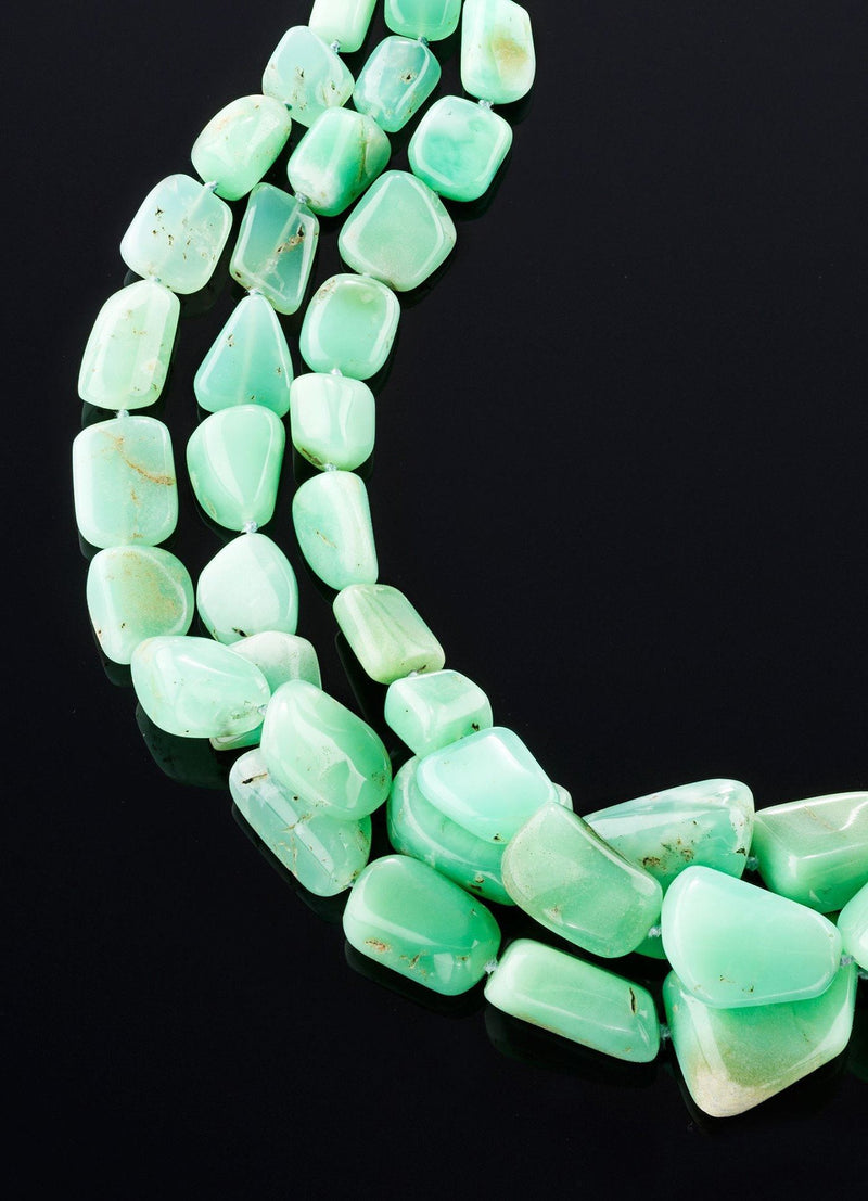 Close up of stones in 3 strand Chrysoprase Necklace- Darby Scott