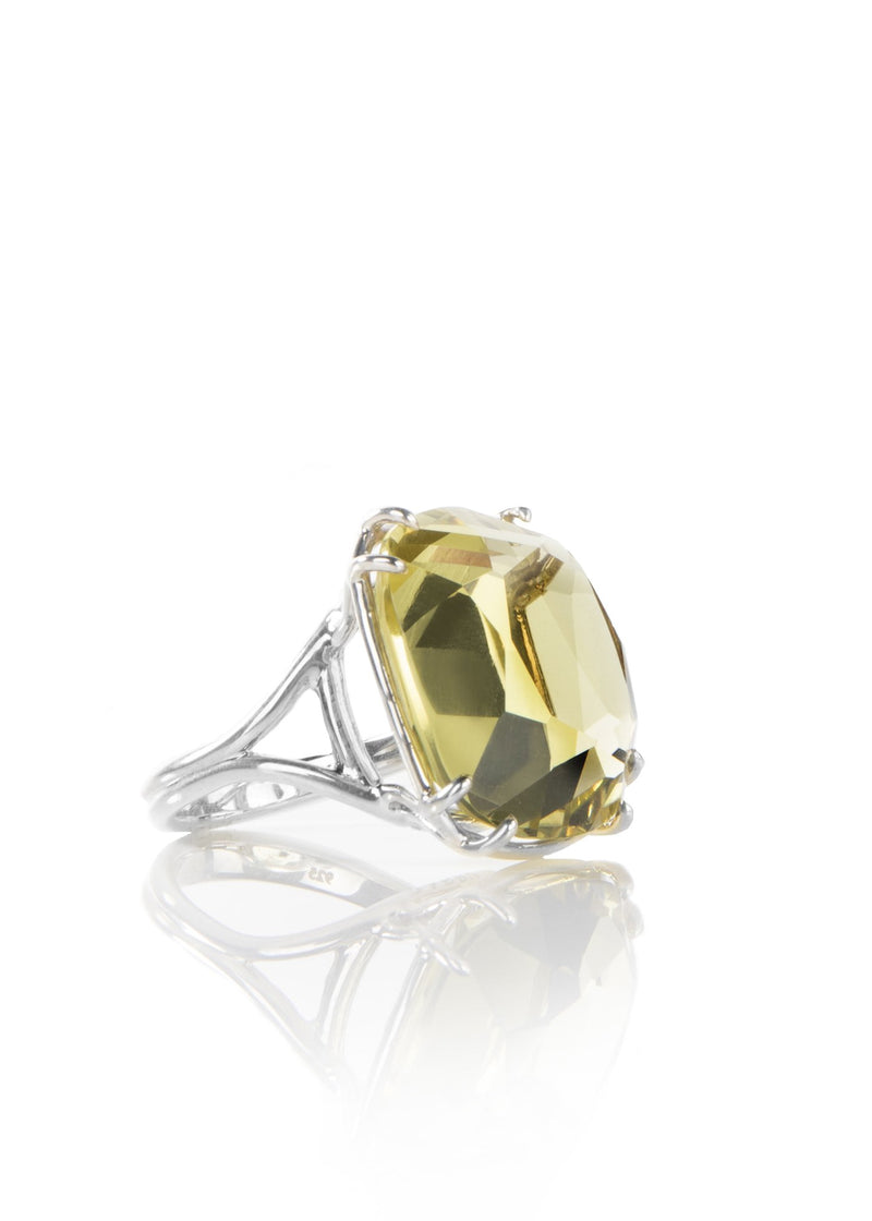 Lime Citrine 34 Carat Cushion Cut Stone in Sterling Silver Ring - Darby Scott