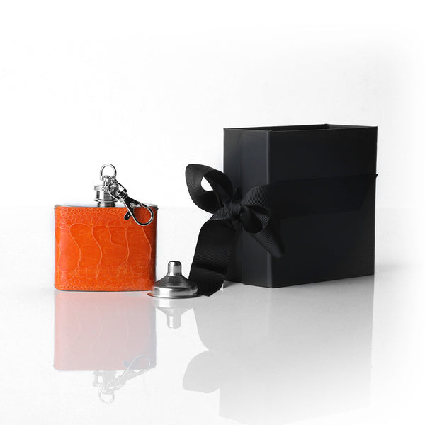 Orange covered keychain flask with gift box