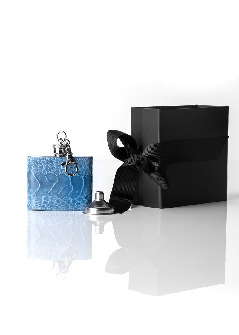 Blue covered key chain flask with gift box