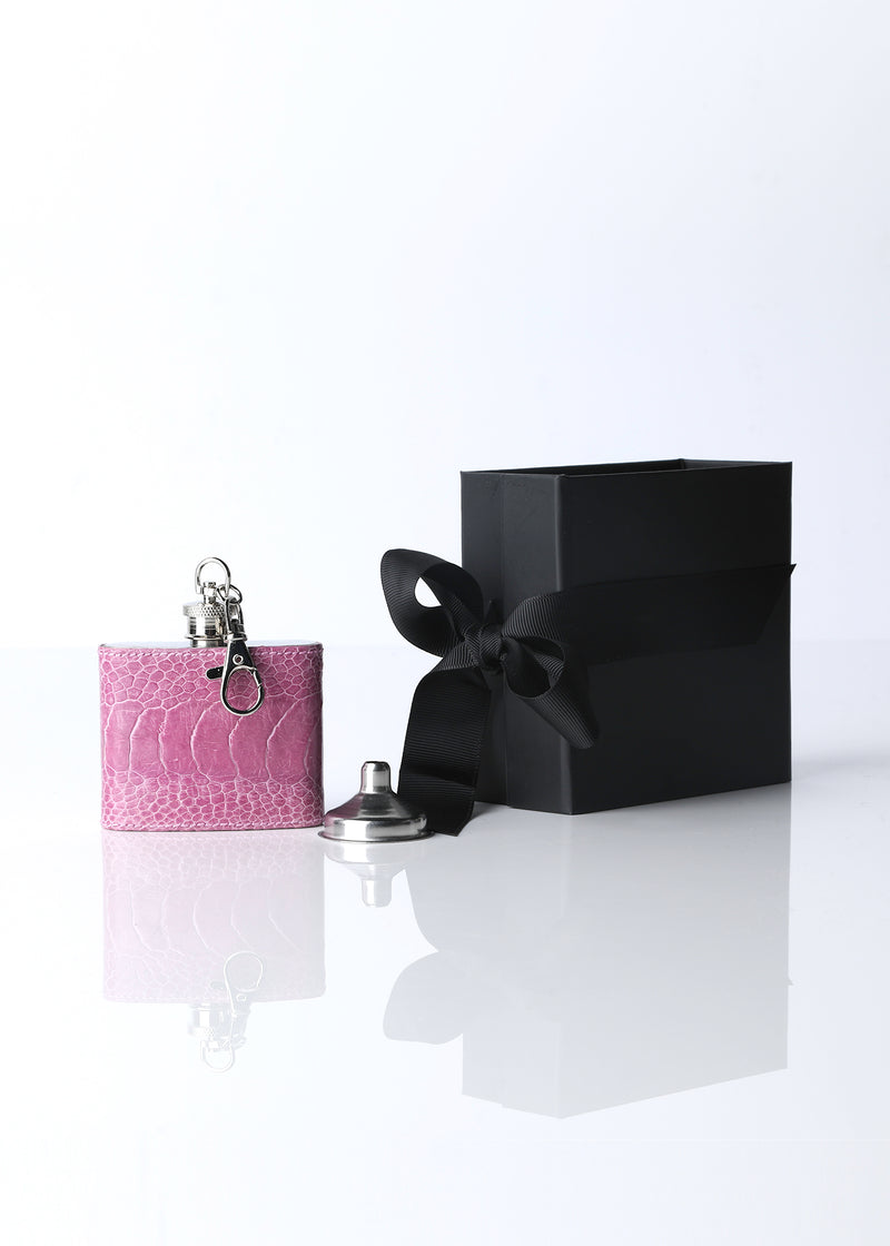 Pink covered keychain flask with gift box