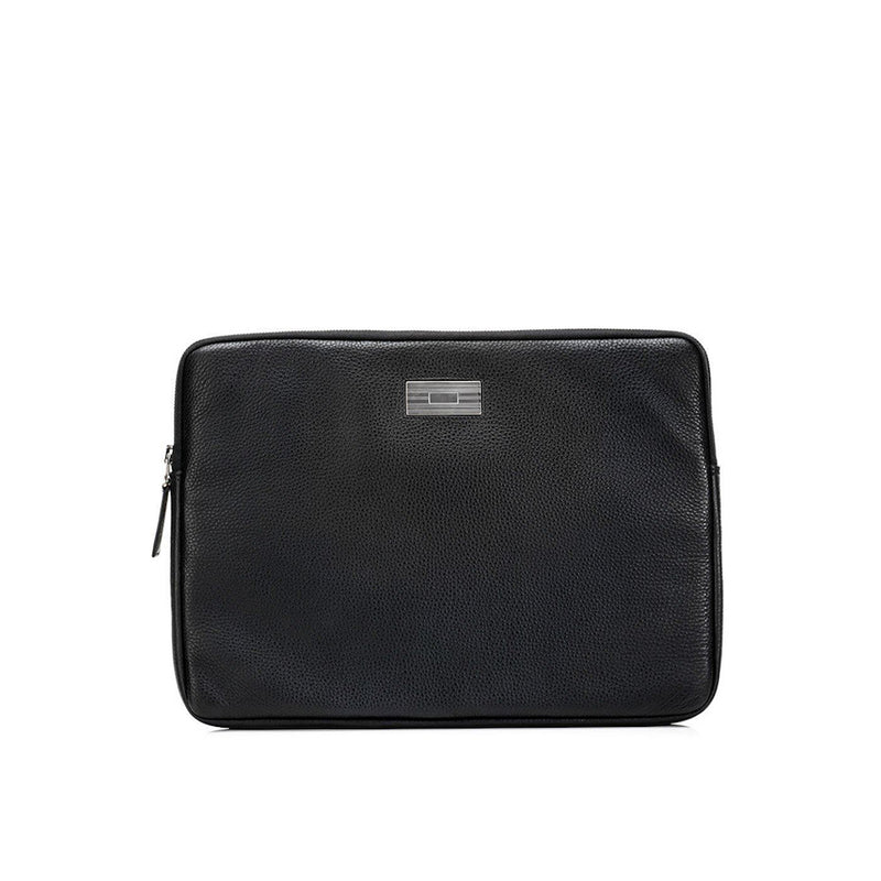 Black Pebble Leather Parker Laptop Case with Sterling Monogram Plate - Darby Scott