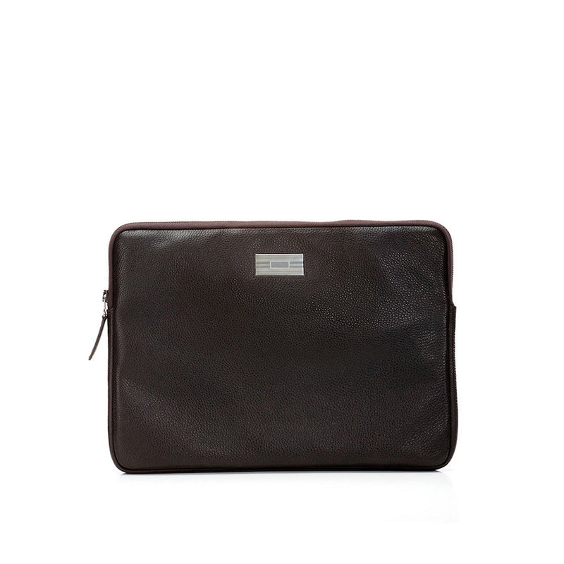 Brown Pebble Leather Parker Laptop Case with Sterling Monogram Plate - Darby Scott
